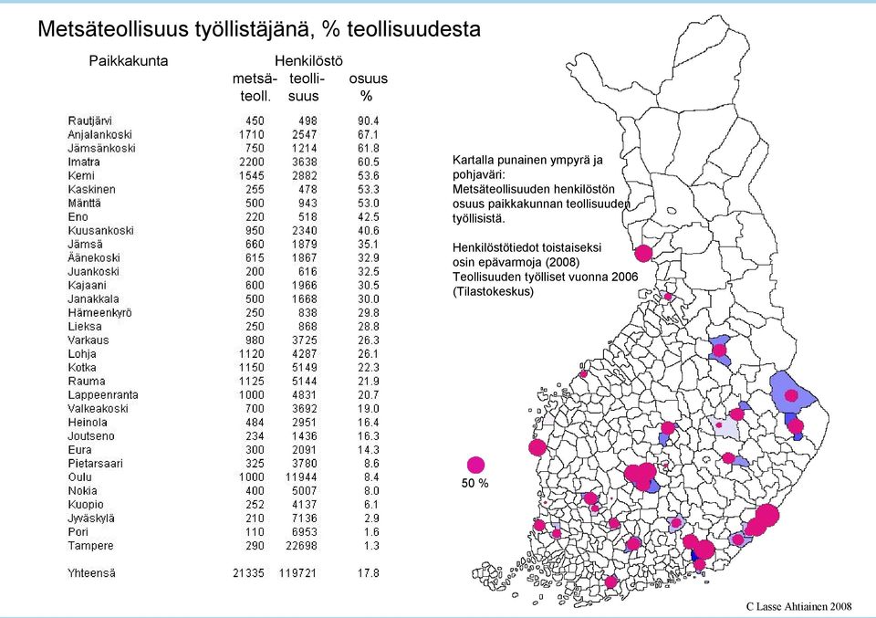 suus % Kartalla punainen ympyrä ja pohjaväri: Metsäteollisuuden henkilöstön osuus