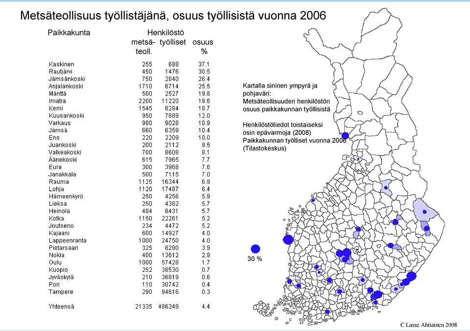 % Kartalla sininen ympyrä ja pohjaväri: Metsäteollisuuden henkilöstön osuus