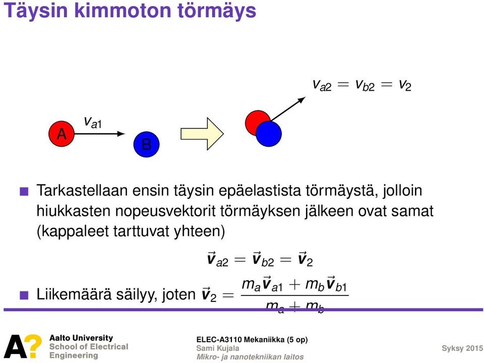 nopeusvektorit törmäyksen jälkeen ovat samat (kappaleet tarttuvat