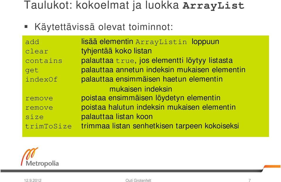 palauttaa ensimmäisen haetun elementin mukaisen indeksin remove poistaa ensimmäisen löydetyn elementin remove poistaa halutun