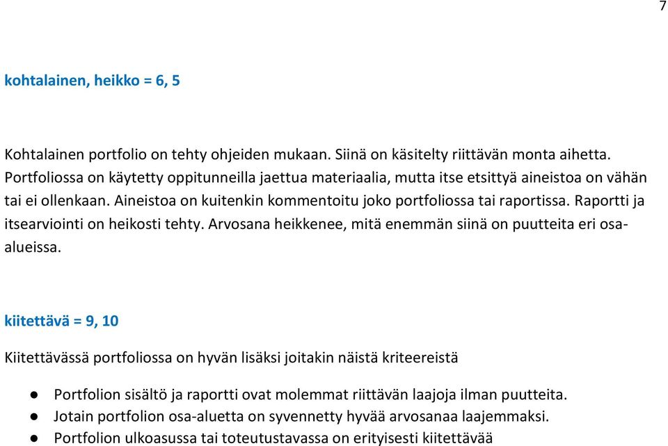 Aineistoa on kuitenkin kommentoitu joko portfoliossa tai raportissa. Raportti ja itsearviointi on heikosti tehty. Arvosana heikkenee, mitä enemmän siinä on puutteita eri osaalueissa.