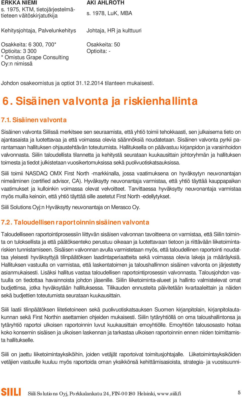 2014 tilanteen mukaisesti. 6. Sisäinen valvonta ja riskienhallinta 7.1. Sisäinen valvonta Sisäinen valvonta Siilissä merkitsee sen seuraamista, että yhtiö toimii tehokkaasti, sen julkaisema tieto on