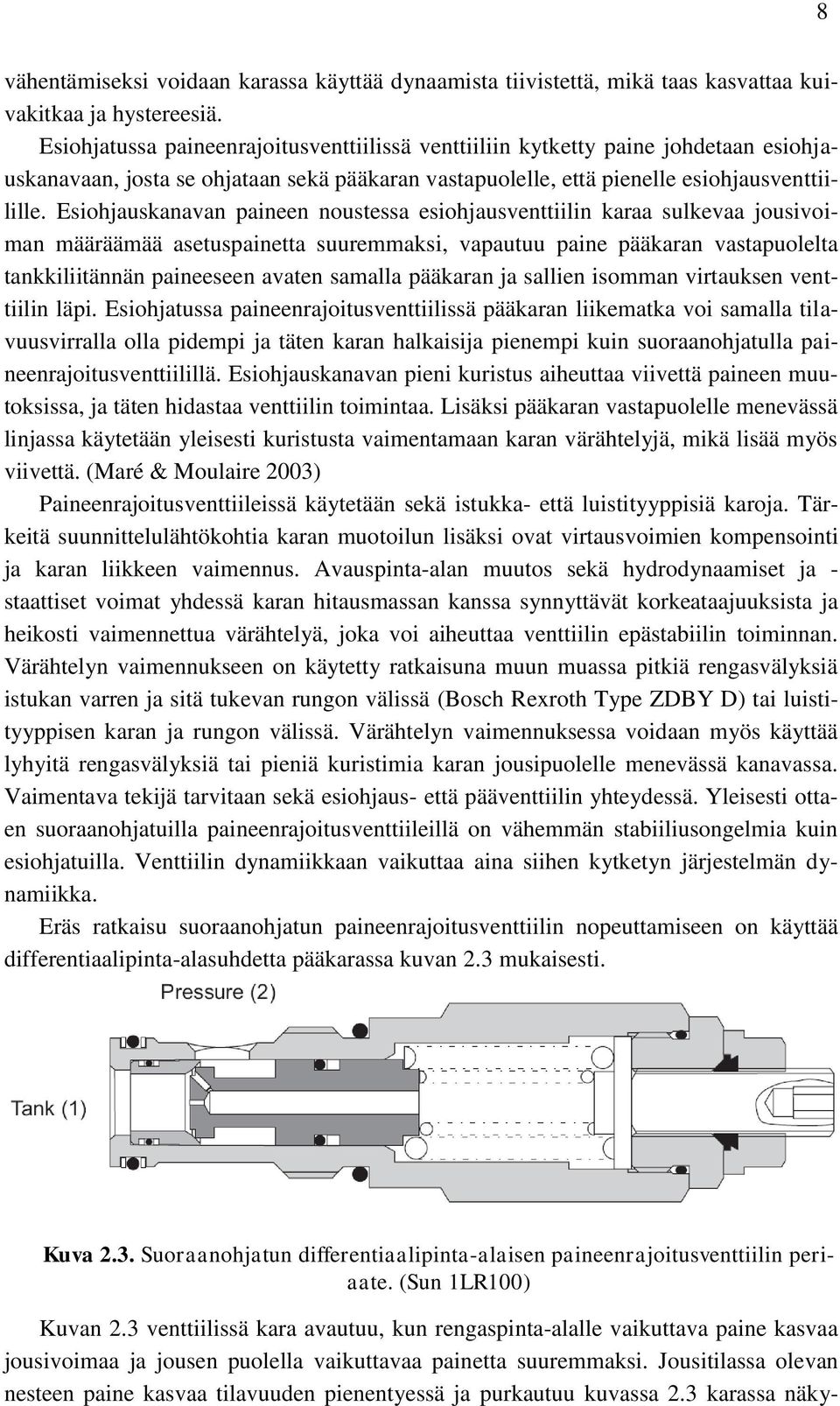 Esiohjauskanavan paineen noustessa esiohjausventtiilin karaa sulkevaa jousivoiman määräämää asetuspainetta suuremmaksi, vapautuu paine pääkaran vastapuolelta tankkiliitännän paineeseen avaten samalla