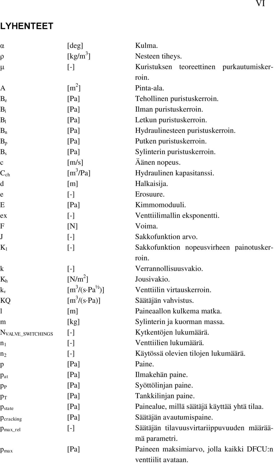 C ch [m 3 /Pa] Hydraulinen kapasitanssi. d [m] Halkaisija. e [-] Erosuure. E [Pa] Kimmomoduuli. ex [-] Venttiilimallin eksponentti. F [N] Voima. J [-] Sakkofunktion arvo.