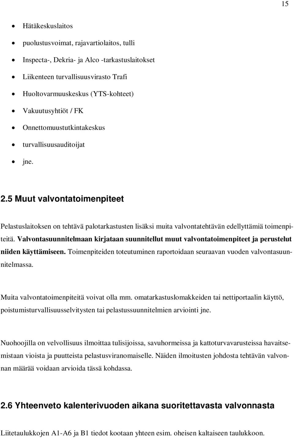 Valvontasuunnitelmaan kirjataan suunnitellut muut valvontatoimenpiteet ja perustelut niiden käyttämiseen. Toimenpiteiden toteutuminen raportoidaan seuraavan vuoden valvontasuunnitelmassa.
