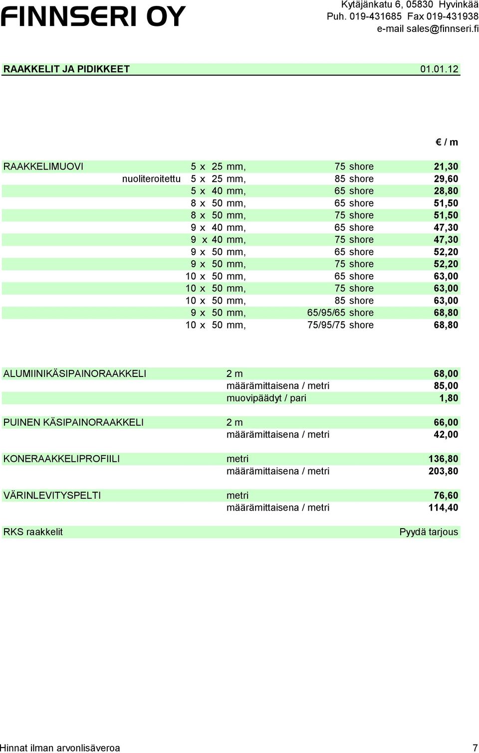 9 x 40 mm, 75 shore 47,30 9 x 50 mm, 65 shore 52,20 9 x 50 mm, 75 shore 52,20 10 x 50 mm, 65 shore 63,00 10 x 50 mm, 75 shore 63,00 10 x 50 mm, 85 shore 63,00 9 x 50 mm, 65/95/65 shore 68,80