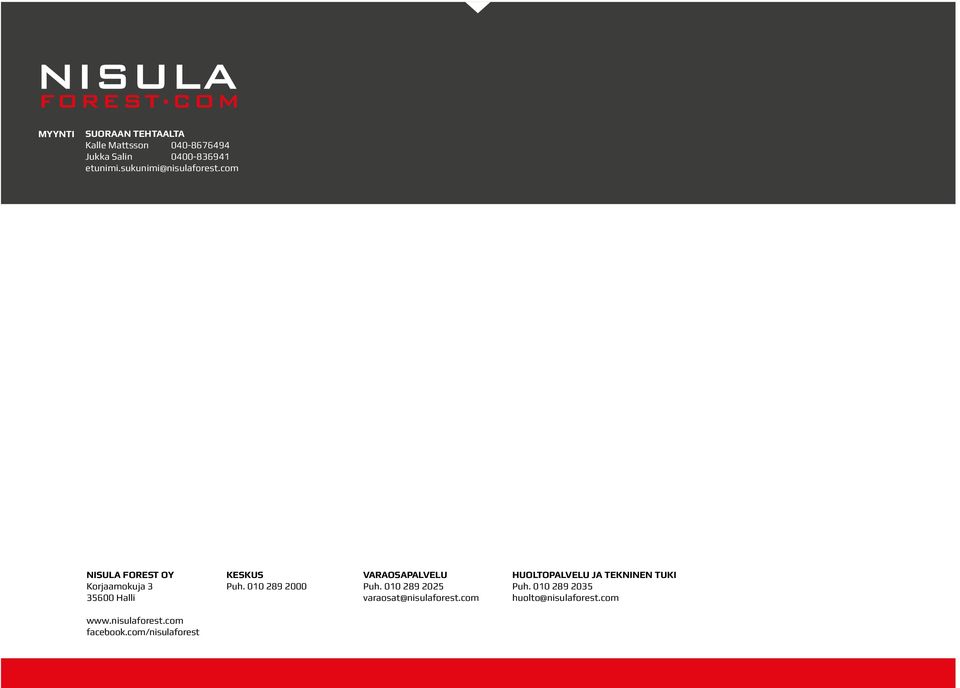 010 289 2000 Varaosapalvelu Puh. 010 289 2025 varaosat@nisulaforest.