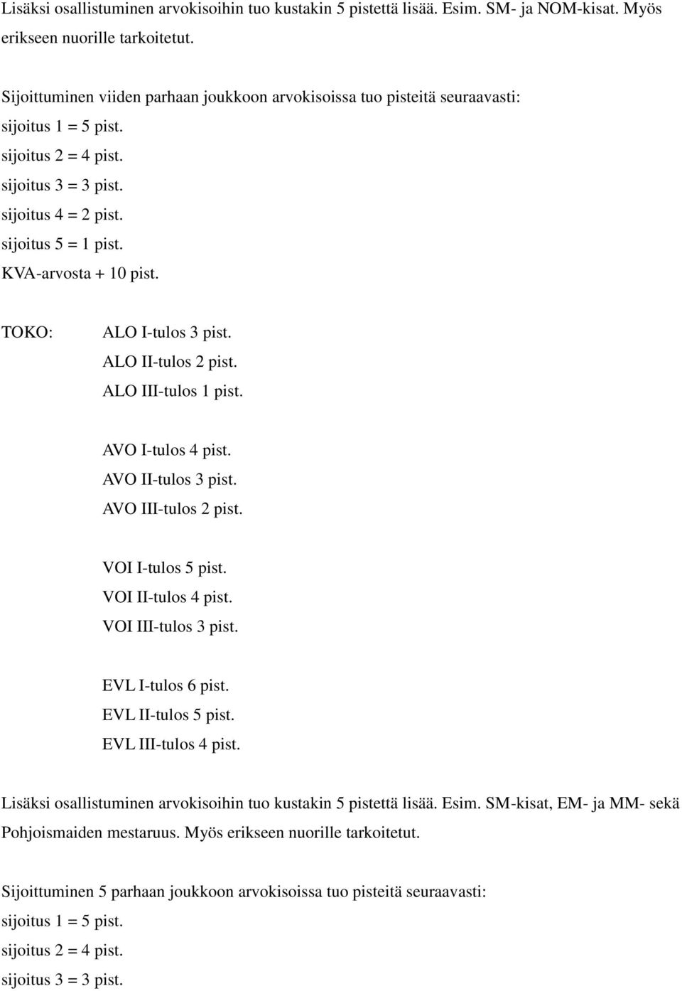 KVA-arvosta + 10 pist. TOKO: ALO I-tulos 3 pist. ALO II-tulos 2 pist. ALO III-tulos 1 pist. AVO I-tulos 4 pist. AVO II-tulos 3 pist. AVO III-tulos 2 pist. VOI I-tulos 5 pist. VOI II-tulos 4 pist.