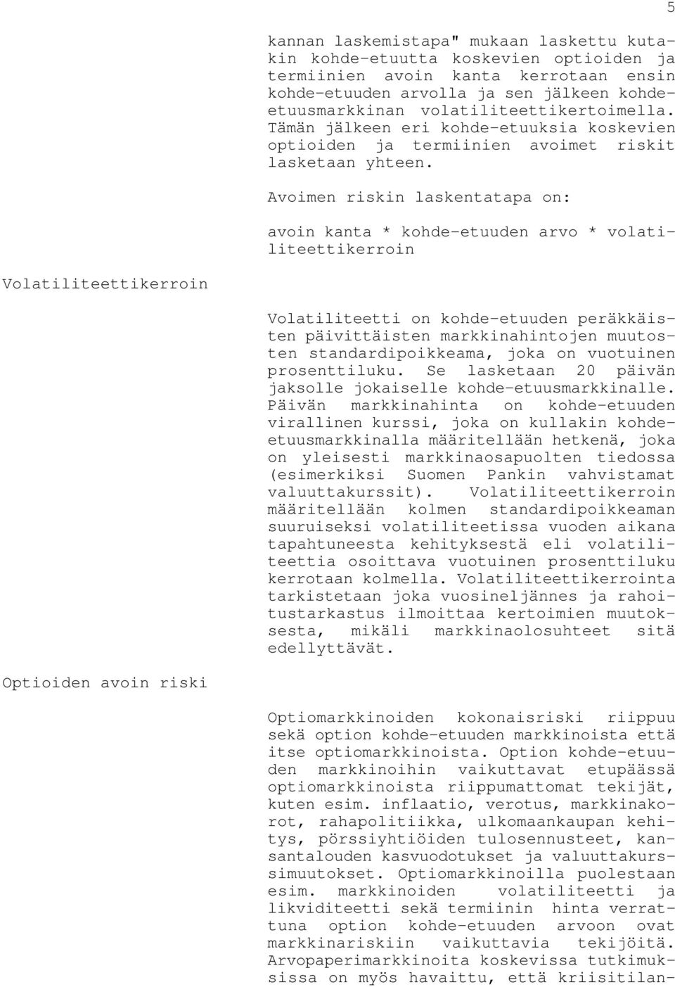 Avoimen riskin laskentatapa on: avoin kanta * kohde-etuuden arvo * volatiliteettikerroin 5 Volatiliteettikerroin Volatiliteetti on kohde-etuuden peräkkäisten päivittäisten markkinahintojen muutosten