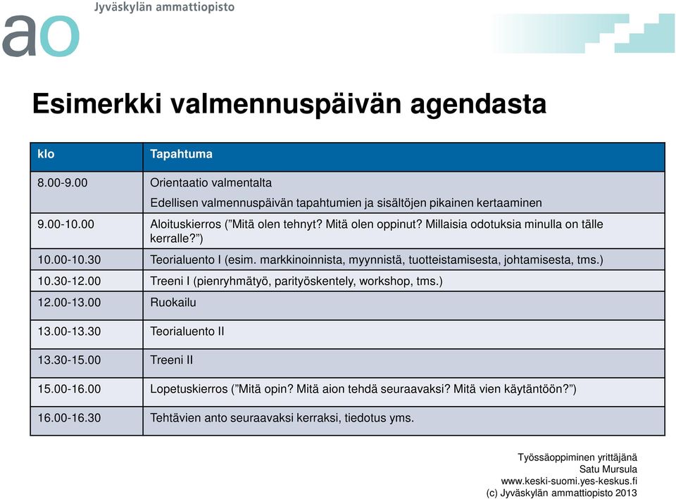 markkinoinnista, myynnistä, tuotteistamisesta, johtamisesta, tms.) 10.30-12.00 Treeni I (pienryhmätyö, parityöskentely, workshop, tms.) 12.00-13.00 Ruokailu 13.00-13.30 Teorialuento II 13.