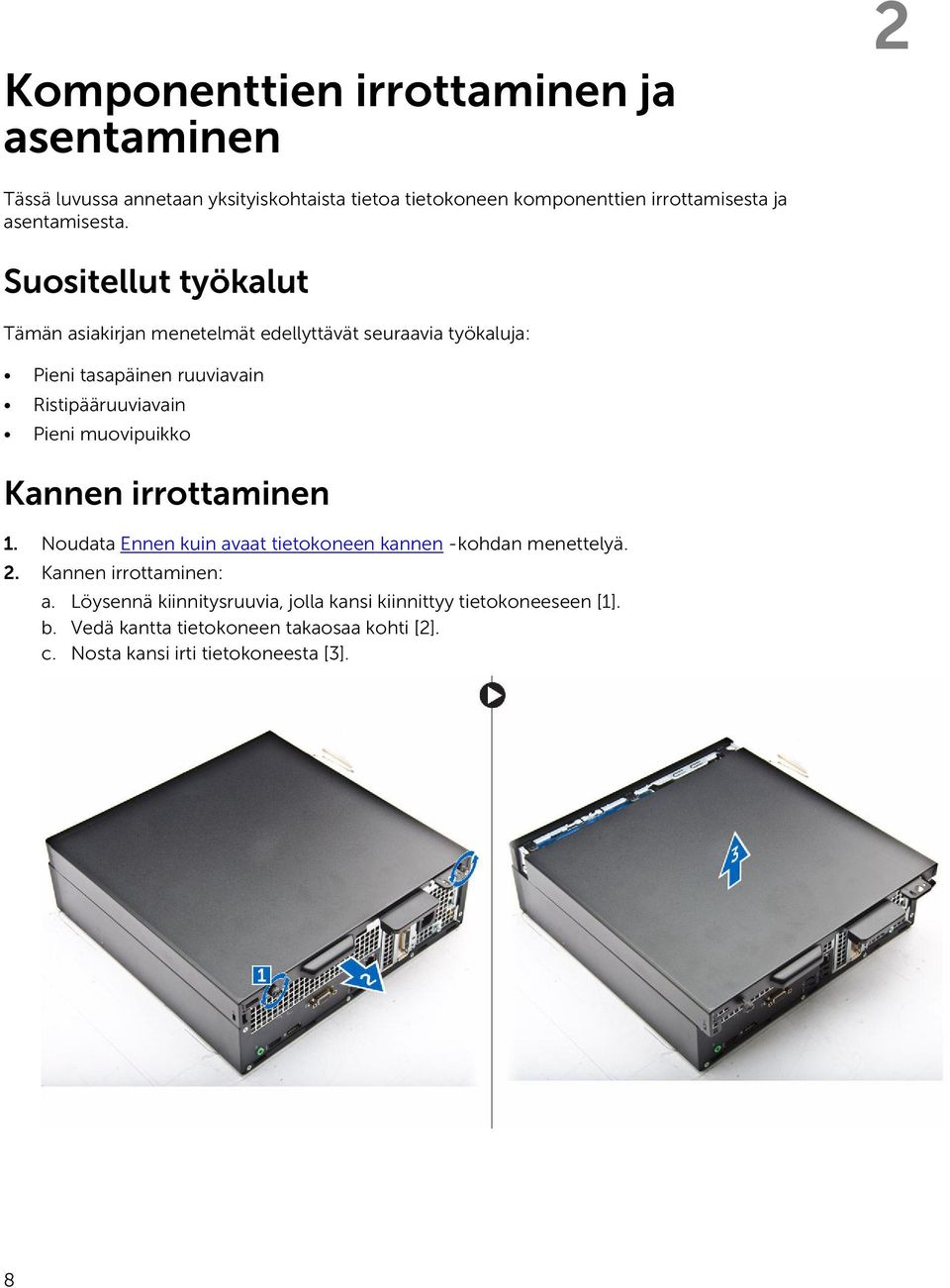 Suositellut työkalut Tämän asiakirjan menetelmät edellyttävät seuraavia työkaluja: Pieni tasapäinen ruuviavain Ristipääruuviavain Pieni