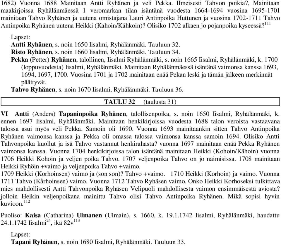 Tahvo Antinpoika Ryhänen uutena Heikki (Kahoin/Kähkoin)? Olisiko 1702 alkaen jo pojanpoika kyseessä? 111 Antti Ryhänen, s. noin 1650 Iisalmi, Ryhälänmäki. Tauluun 32. Risto Ryhänen, s.