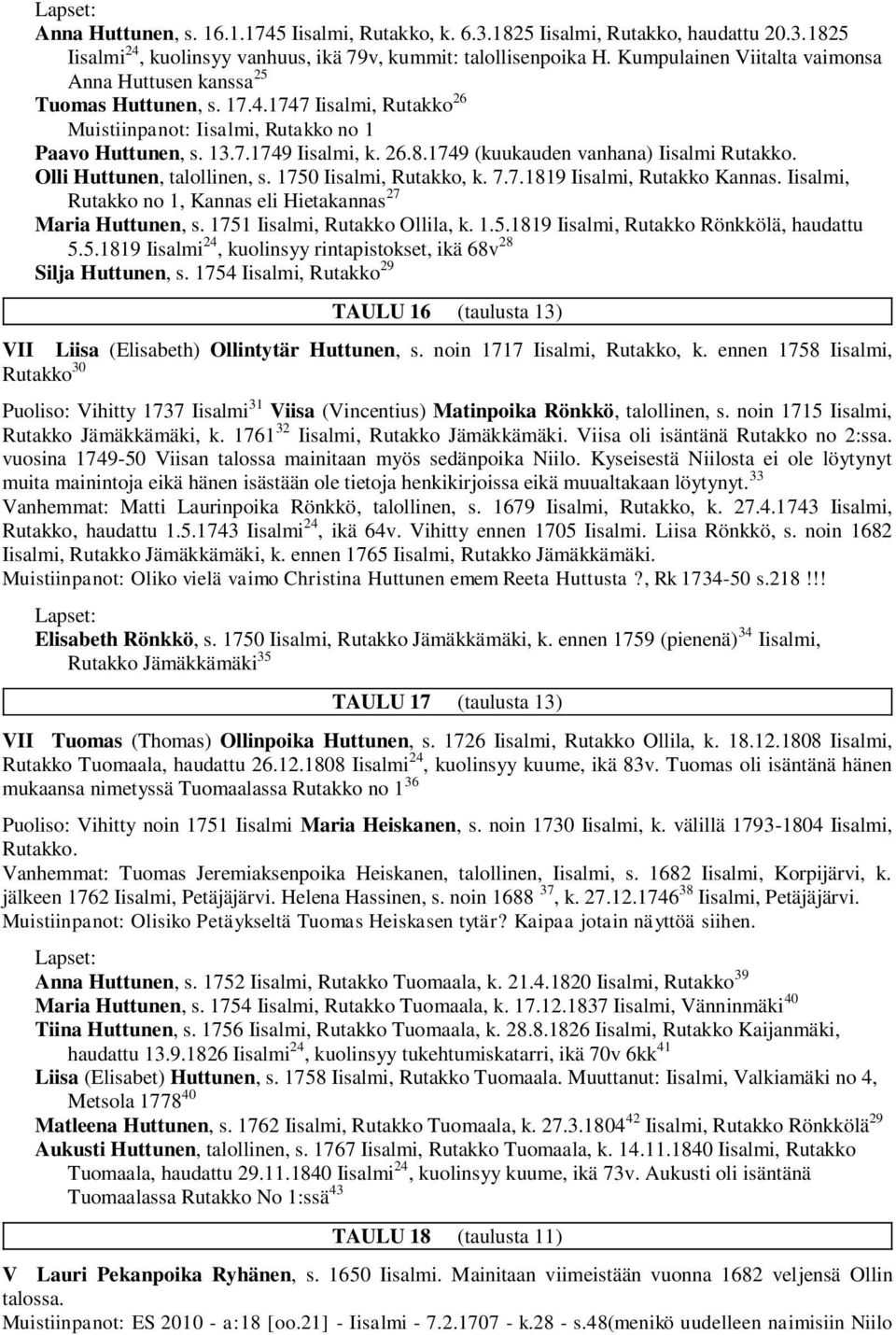 1749 (kuukauden vanhana) Iisalmi Rutakko. Olli Huttunen, talollinen, s. 1750 Iisalmi, Rutakko, k. 7.7.1819 Iisalmi, Rutakko Kannas. Iisalmi, Rutakko no 1, Kannas eli Hietakannas 27 Maria Huttunen, s.