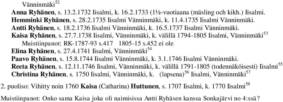 452 ei ole Elina Ryhänen, s. 27.4.1741 Iisalmi, Vänninmäki 54 Paavo Ryhänen, s. 15.8.1744 Iisalmi Vänninmäki, k. 3.1.1746 Iisalmi Vänninmäki. Reeta Ryhänen, s. 12.11.1746 Iisalmi, Vänninmäki, k.