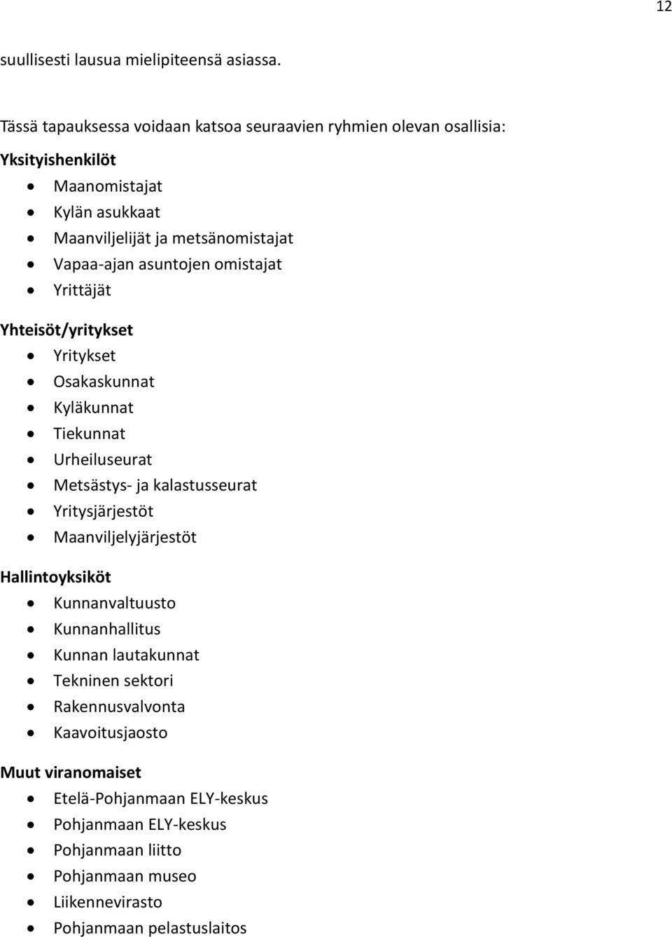 Vapaa-ajan asuntojen omistajat Yrittäjät Yhteisöt/yritykset Yritykset Osakaskunnat Kyläkunnat Tiekunnat Urheiluseurat Metsästys- ja kalastusseurat