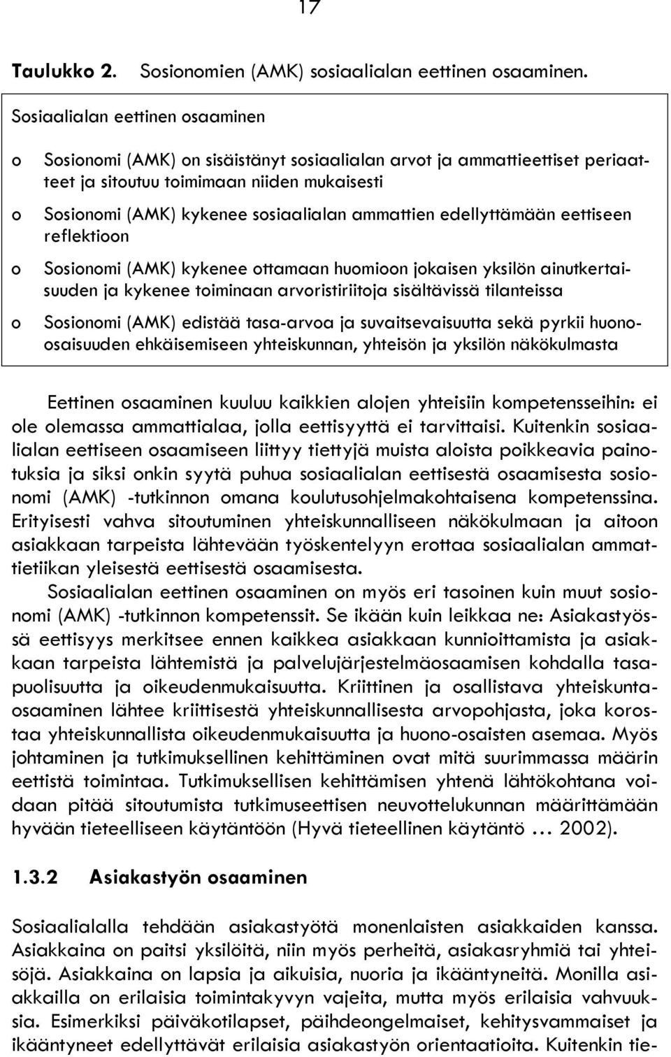 ammattien edellyttämään eettiseen reflektioon Sosionomi (AMK) kykenee ottamaan huomioon jokaisen yksilön ainutkertaisuuden ja kykenee toiminaan arvoristiriitoja sisältävissä tilanteissa Sosionomi