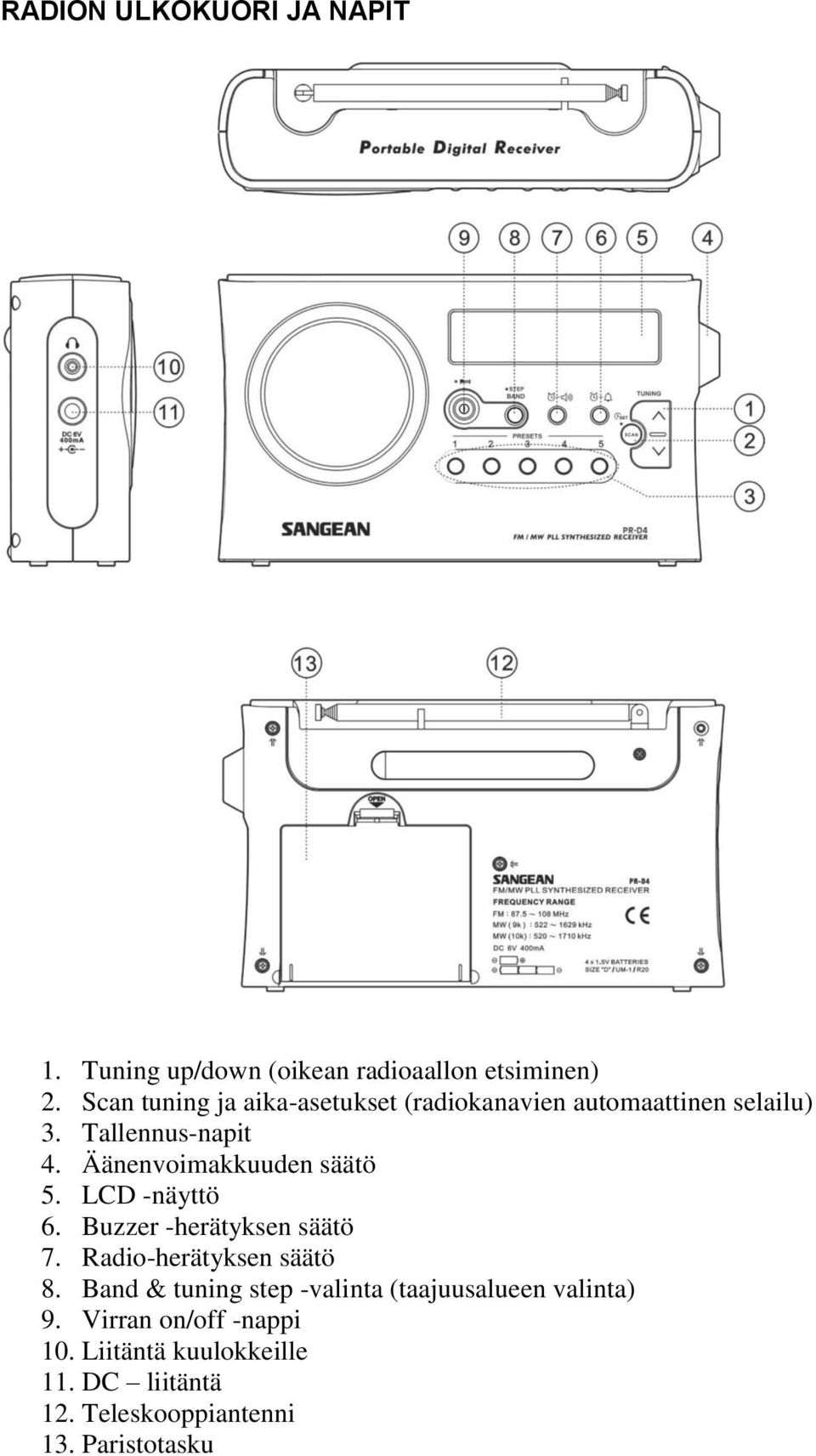 Äänenvoimakkuuden säätö 5. LCD -näyttö 6. Buzzer -herätyksen säätö 7. Radio-herätyksen säätö 8.