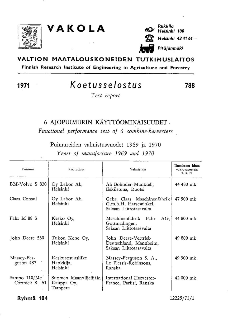 KÄYTTÖOMINAISUUDET Functional performance test of 6 combine-harvesters Puimureiden valmistusvuodet 1969 ja 1970 Years of manufacture 1969 and 1970 Puimuri Koauttaja Valmistaja Ilmoitettu hinta