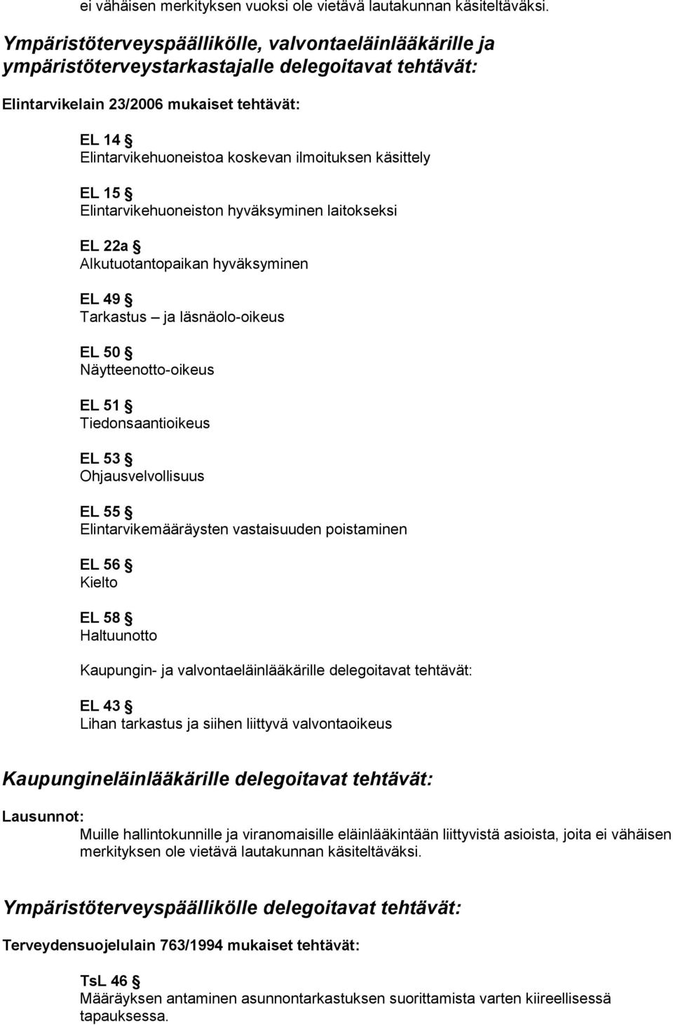 ilmoituksen käsittely EL 15 Elintarvikehuoneiston hyväksyminen laitokseksi EL 22a Alkutuotantopaikan hyväksyminen EL 49 Tarkastus ja läsnäolo-oikeus EL 50 Näytteenotto-oikeus EL 51 Tiedonsaantioikeus