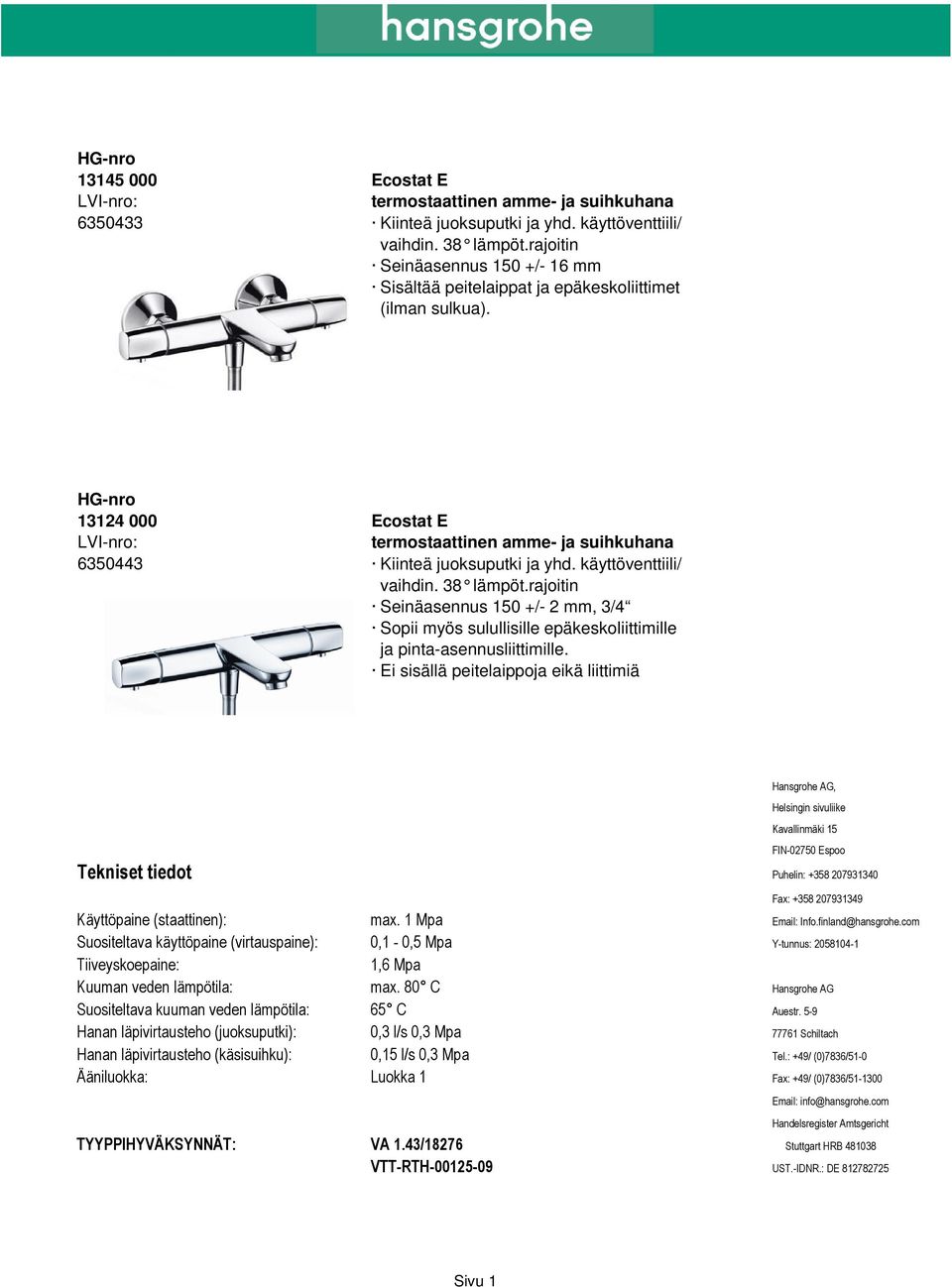 käyttöventtiili/ 13124 000 Ecostat E 6350443