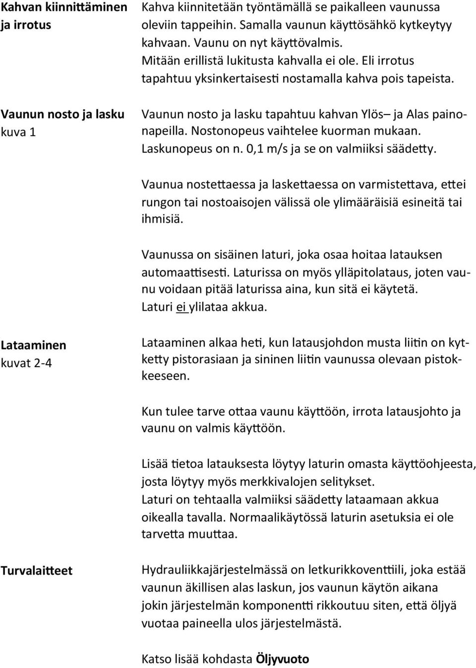 Vaunun nosto ja lasku tapahtuu kahvan Ylös ja Alas painonapeilla. Nostonopeus vaihtelee kuorman mukaan. Laskunopeus on n. 0,1 m/s ja se on valmiiksi säädetty.