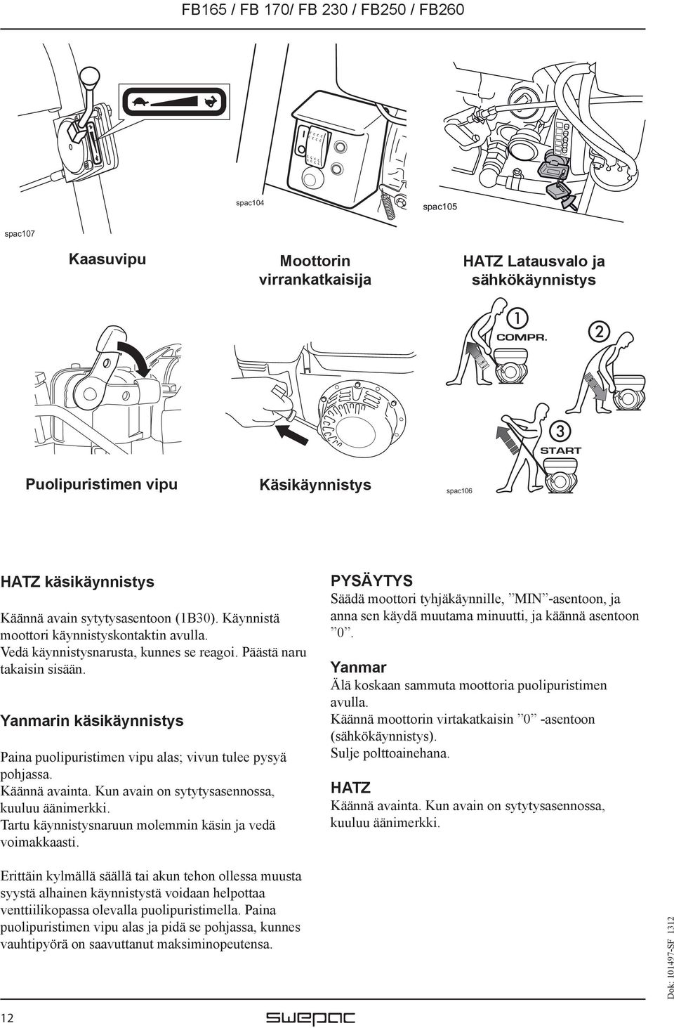 Yanmarin käsikäynnistys Paina puolipuristimen vipu alas; vivun tulee pysyä pohjassa. Käännä avainta. Kun avain on sytytysasennossa, kuuluu äänimerkki.