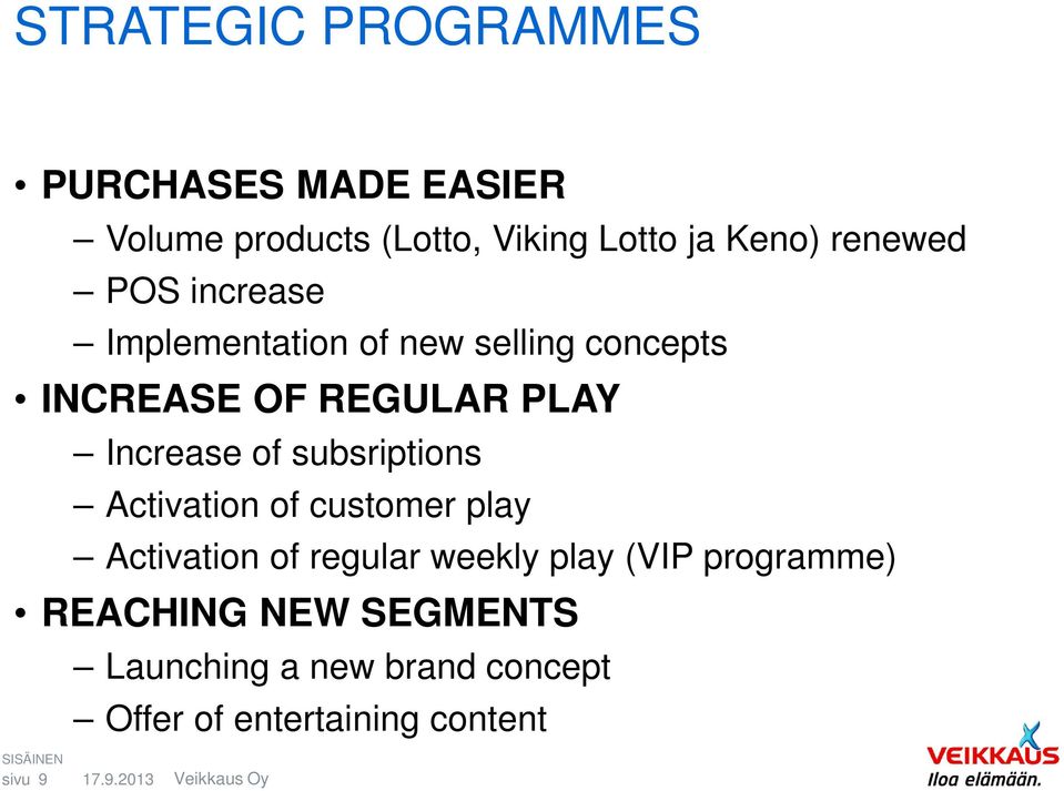 subsriptions Activation of customer play Activation of regular weekly play (VIP programme)