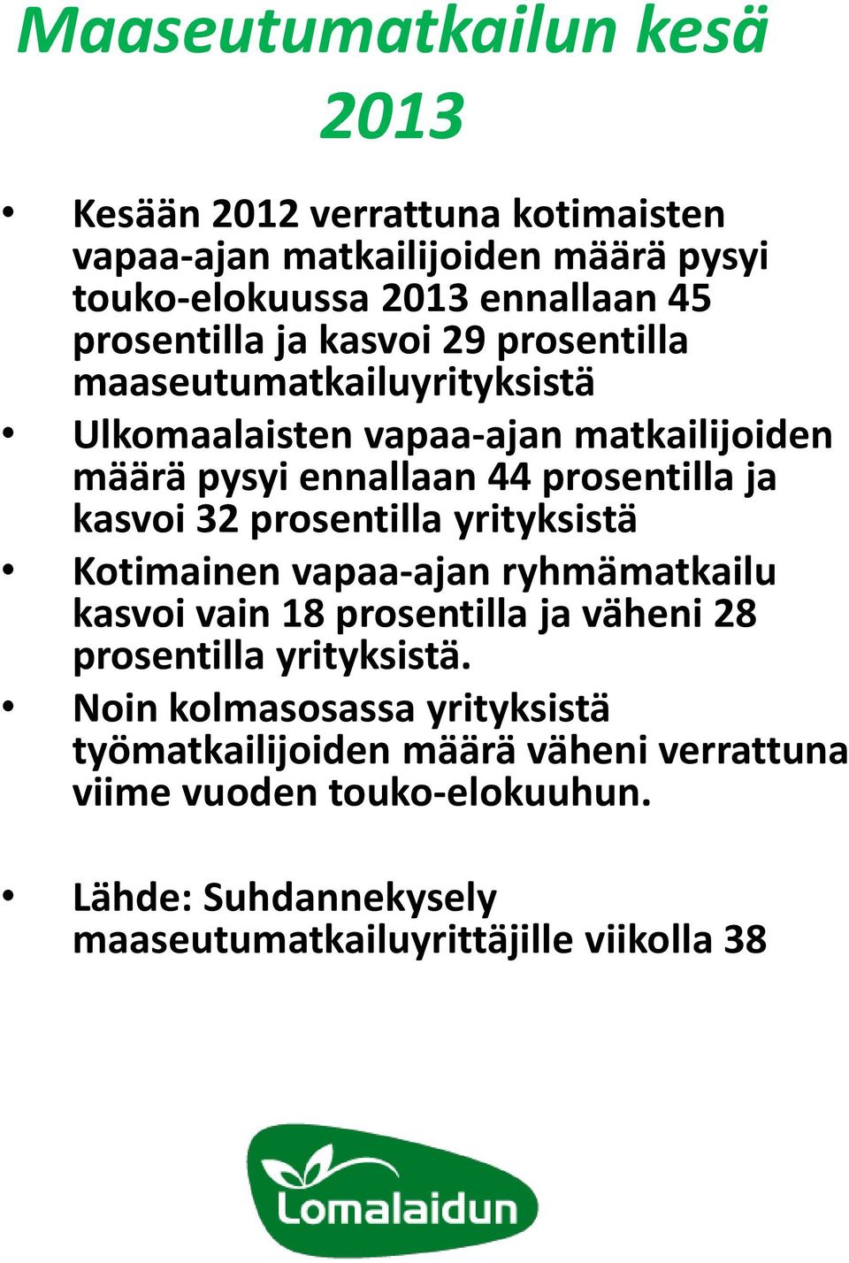 ja kasvoi 32 prosentilla yrityksistä Kotimainen vapaa-ajan ryhmämatkailu kasvoi vain 18 prosentilla ja väheni 28 prosentilla yrityksistä.