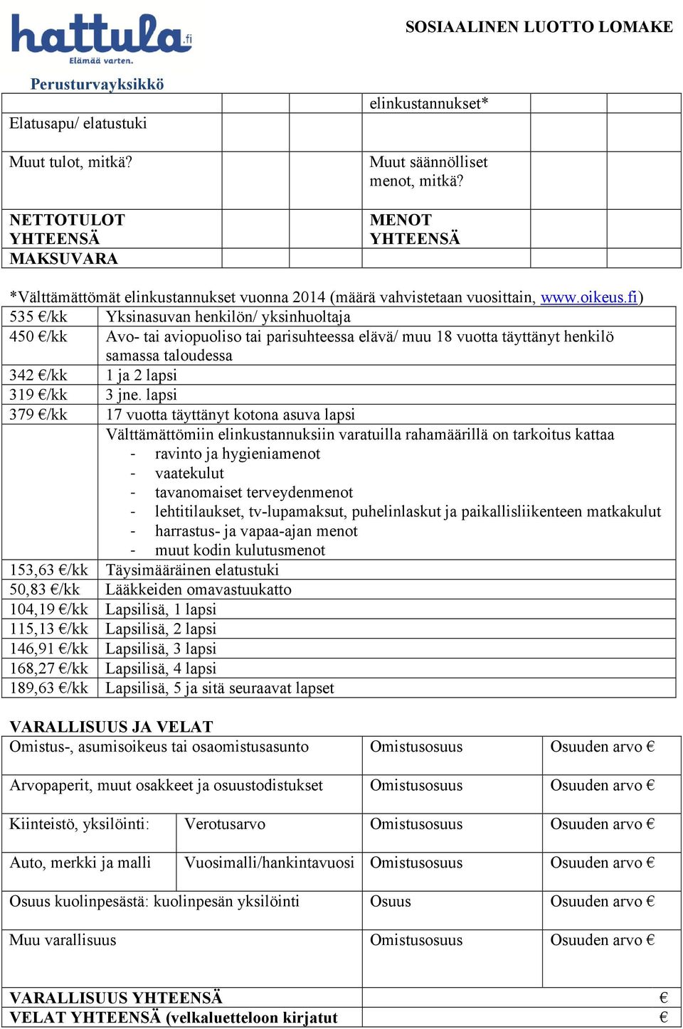 fi) 535 /kk Yksinasuvan henkilön/ yksinhuoltaja 450 /kk Avo- tai aviopuoliso tai parisuhteessa elävä/ muu 18 vuotta täyttänyt henkilö samassa taloudessa 342 /kk 1 ja 2 lapsi 319 /kk 3 jne.