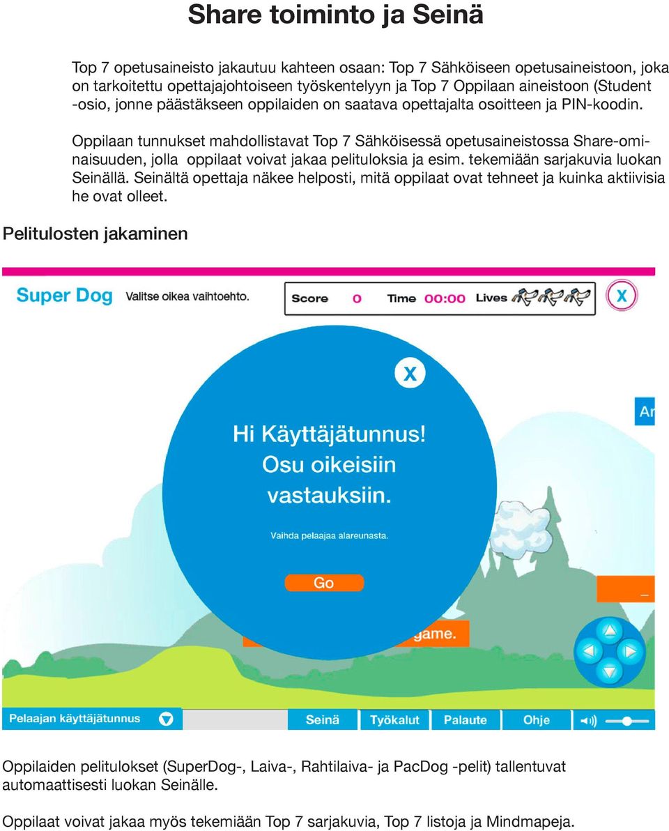 Oppilaan tunnukset mahdollistavat Top 7 Sähköisessä opetusaineistossa Share-ominaisuuden, jolla oppilaat voivat jakaa pelituloksia ja esim. tekemiään sarjakuvia luokan Seinällä.