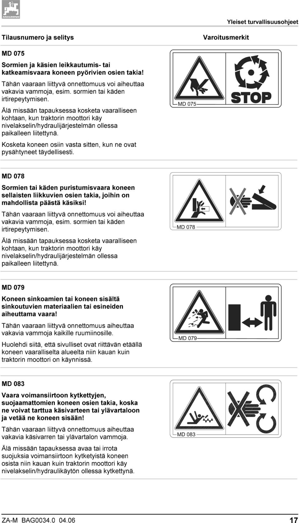 Älä missään tapauksessa kosketa vaaralliseen kohtaan, kun traktorin moottori käy nivelakselin/hydraulijärjestelmän ollessa paikalleen liitettynä.