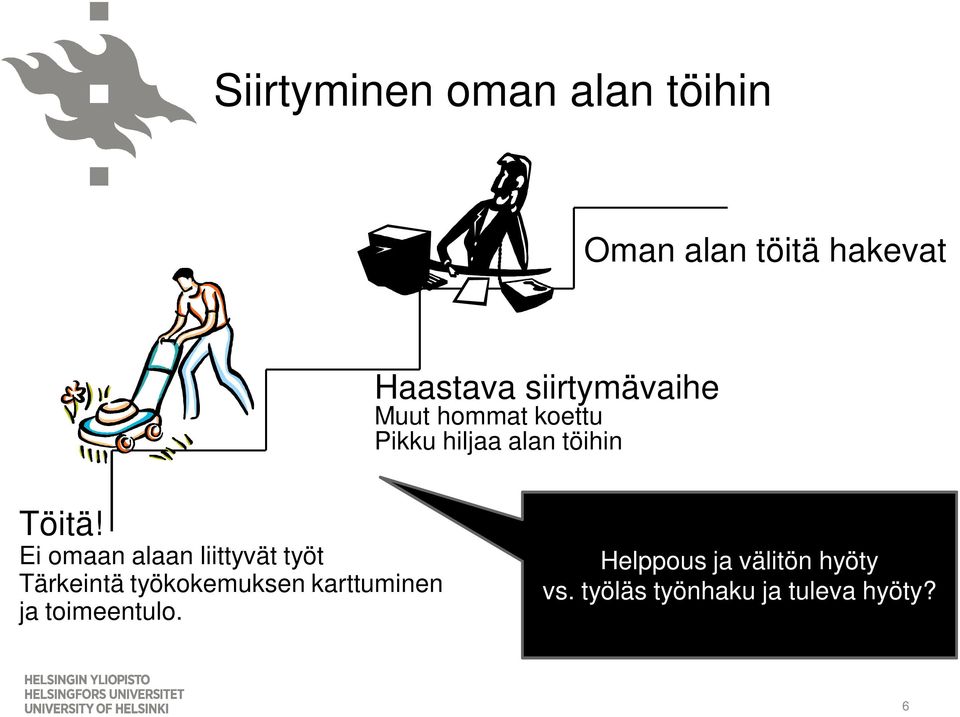 Ei omaan alaan liittyvät työt Tärkeintä työkokemuksen karttuminen ja