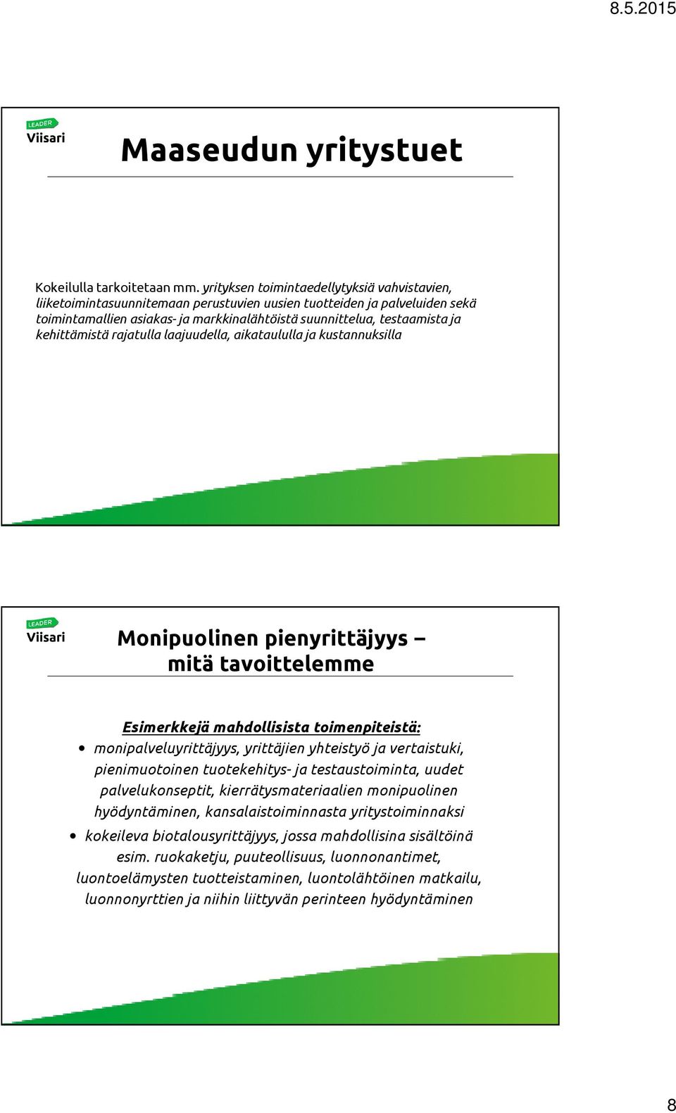 kehittämistä rajatulla laajuudella, aikataululla ja kustannuksilla Monipuolinen pienyrittäjyys mitä tavoittelemme Esimerkkejä mahdollisista toimenpiteistä: monipalveluyrittäjyys, yrittäjien yhteistyö