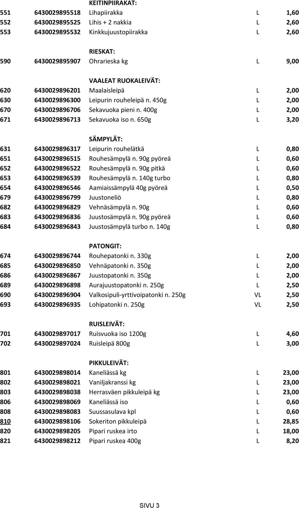 650g L 3,20 SÄMPYLÄT: 631 6430029896317 Leipurin rouhelätkä L 0,80 651 6430029896515 Rouhesämpylä n. 90g pyöreä L 0,60 652 6430029896522 Rouhesämpylä n.