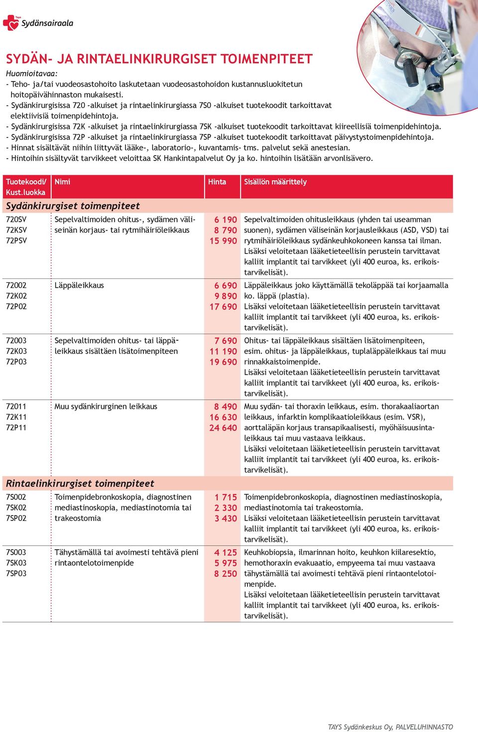 - Sydänkirurgisissa 72K -alkuiset ja rintaelinkirurgiassa 7SK -alkuiset tuotekoodit tarkoittavat kiireellisiä toimenpidehintoja.