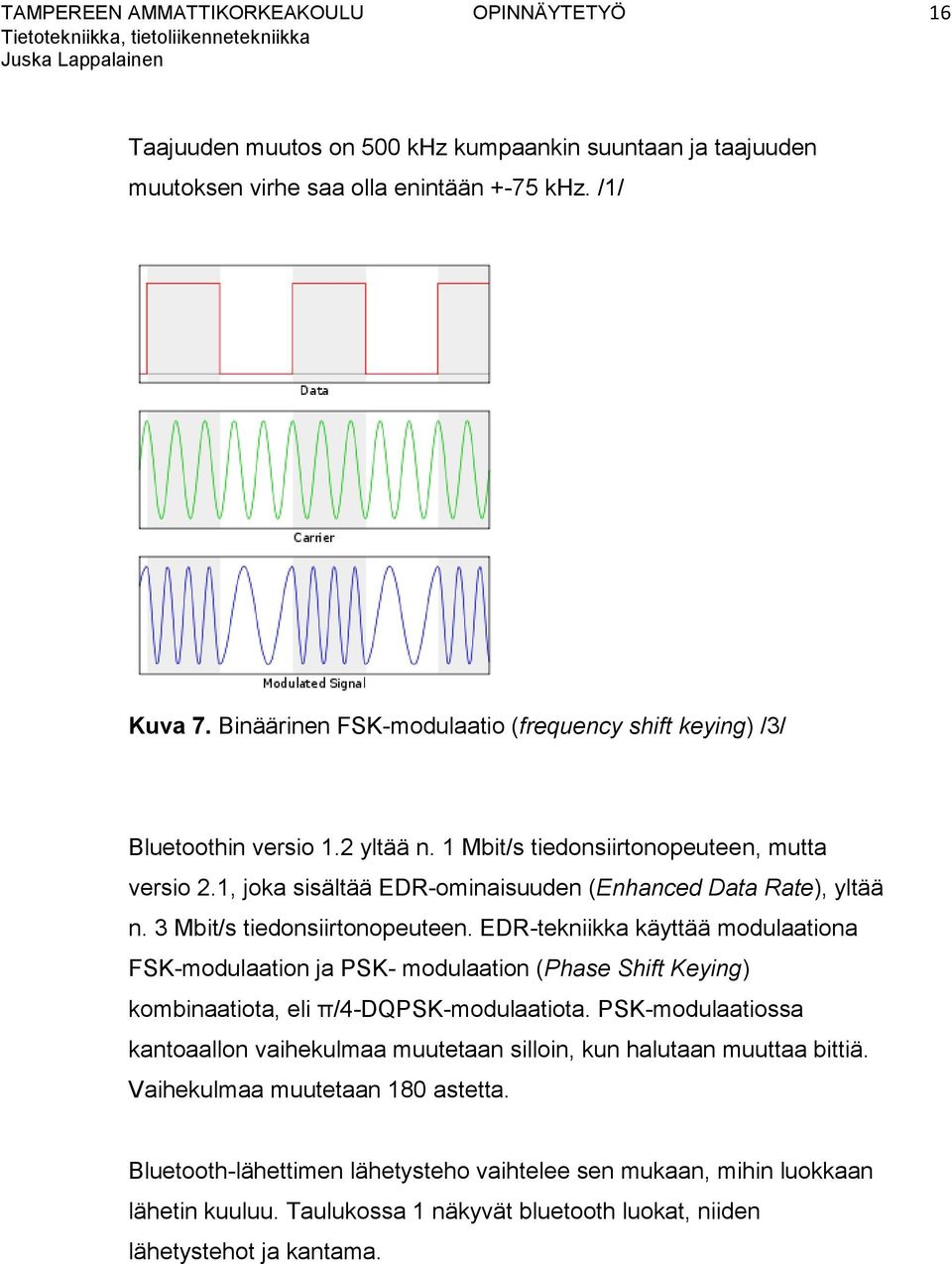 3 Mbit/s tiedonsiirtonopeuteen. EDR-tekniikka käyttää modulaationa FSK-modulaation ja PSK- modulaation (Phase Shift Keying) kombinaatiota, eli π/4-dqpsk-modulaatiota.