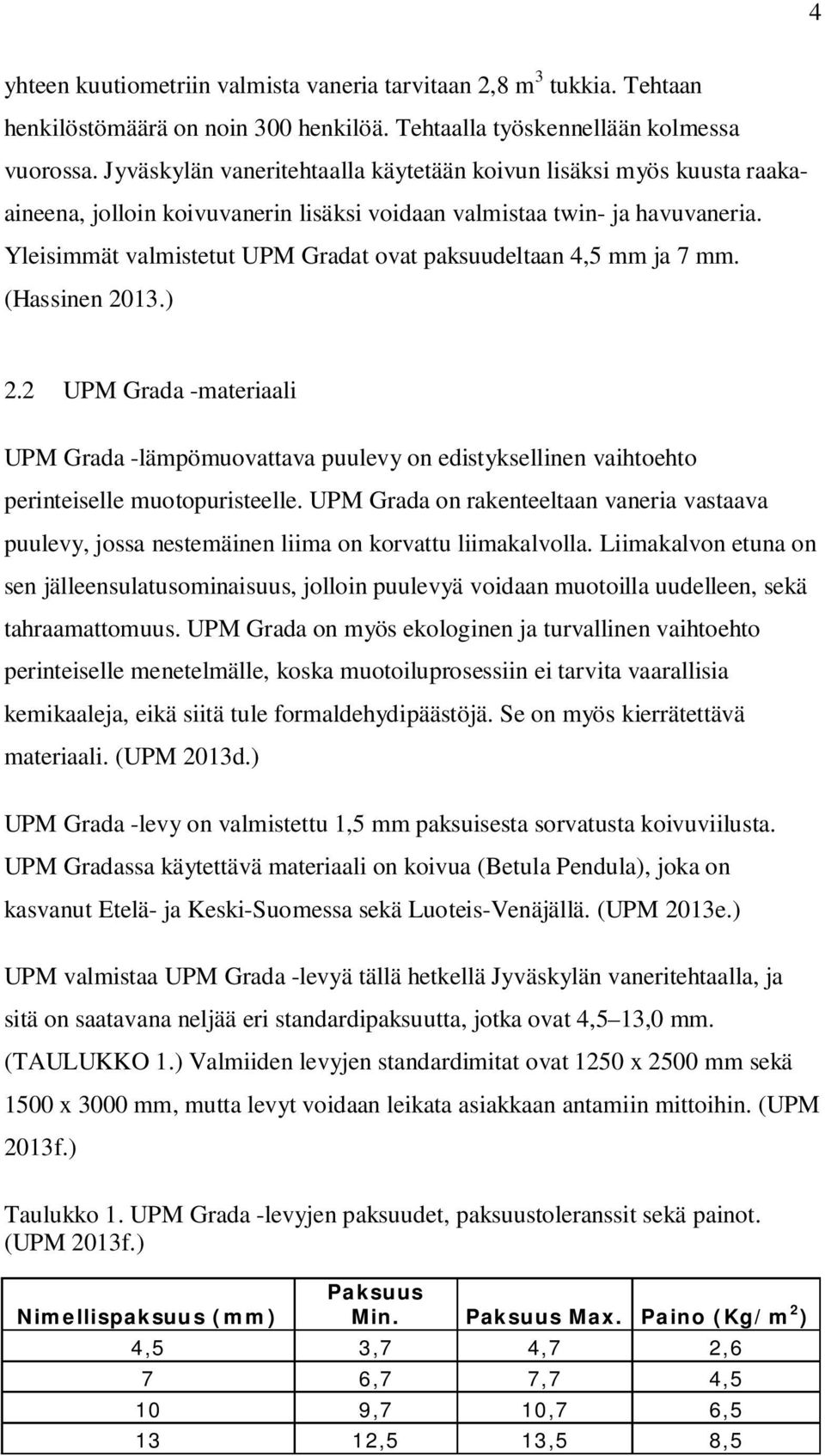 Yleisimmät valmistetut UPM Gradat ovat paksuudeltaan 4,5 mm ja 7 mm. (Hassinen 2013.) 2.