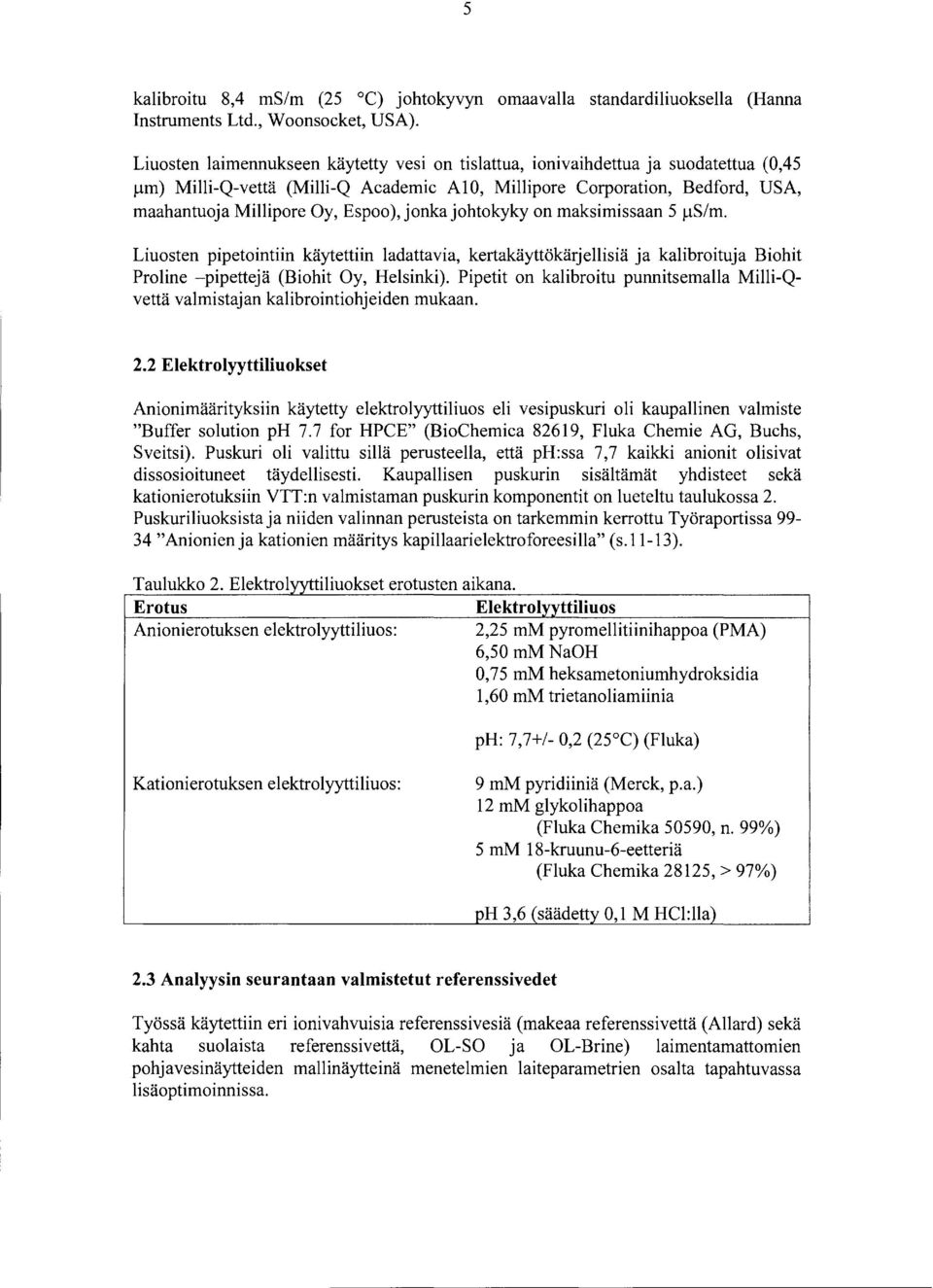 tm) Milli-Q-vettä (Milli-Q Academic AIO, Millipore Corporation, Bedford, USA, maahantuoja Millipore Oy, Espoo), jonka johtokyky on maksimissaan 5 J.tS/m.