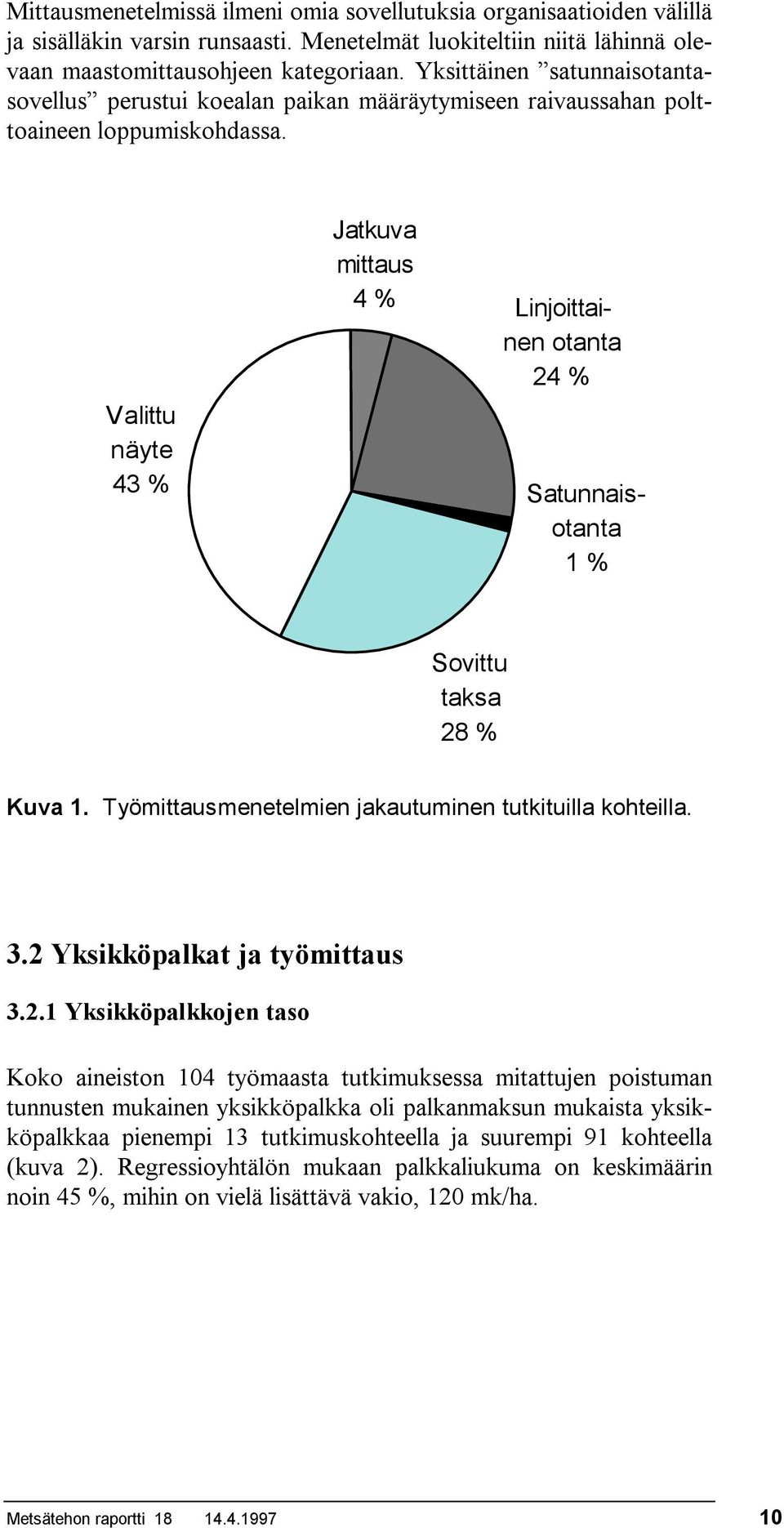 Valittu näyte 43 % Jatkuva mittaus 4 % Linjoittainen otanta 24 % Satunnaisotanta 1 % Sovittu taksa 28 % Kuva 1. Työmittausmenetelmien jakautuminen tutkituilla kohteilla. 3.