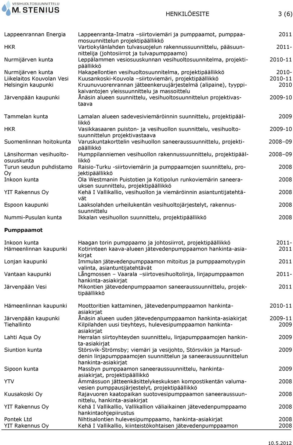Kuusankoski-Kouvola siirtoviemäri, 2010-11 Helsingin kaupunki Kruunuvuorenrannan jätteenkeruujärjestelmä (alipaine), tyyppikaivantojen 2010 yleissuunnittelu ja massoittelu Järvenpään kaupunki Ånäsin