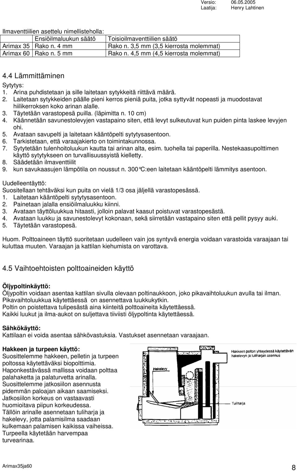 Laitetaan sytykkeiden päälle pieni kerros pieniä puita, jotka syttyvät nopeasti ja muodostavat hiilikerroksen koko arinan alalle. 3. Täytetään varastopesä puilla. (läpimitta n. 10 cm) 4.