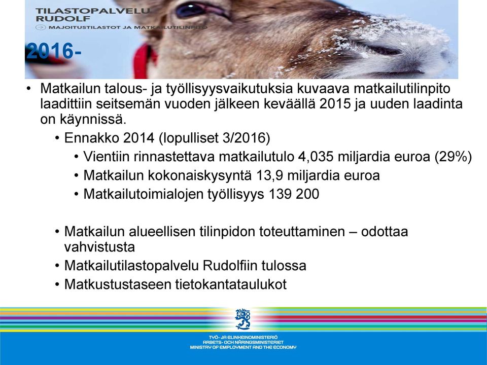 Ennakko 2014 (lopulliset 3/2016) Vientiin rinnastettava matkailutulo 4,035 miljardia euroa (29%) Matkailun