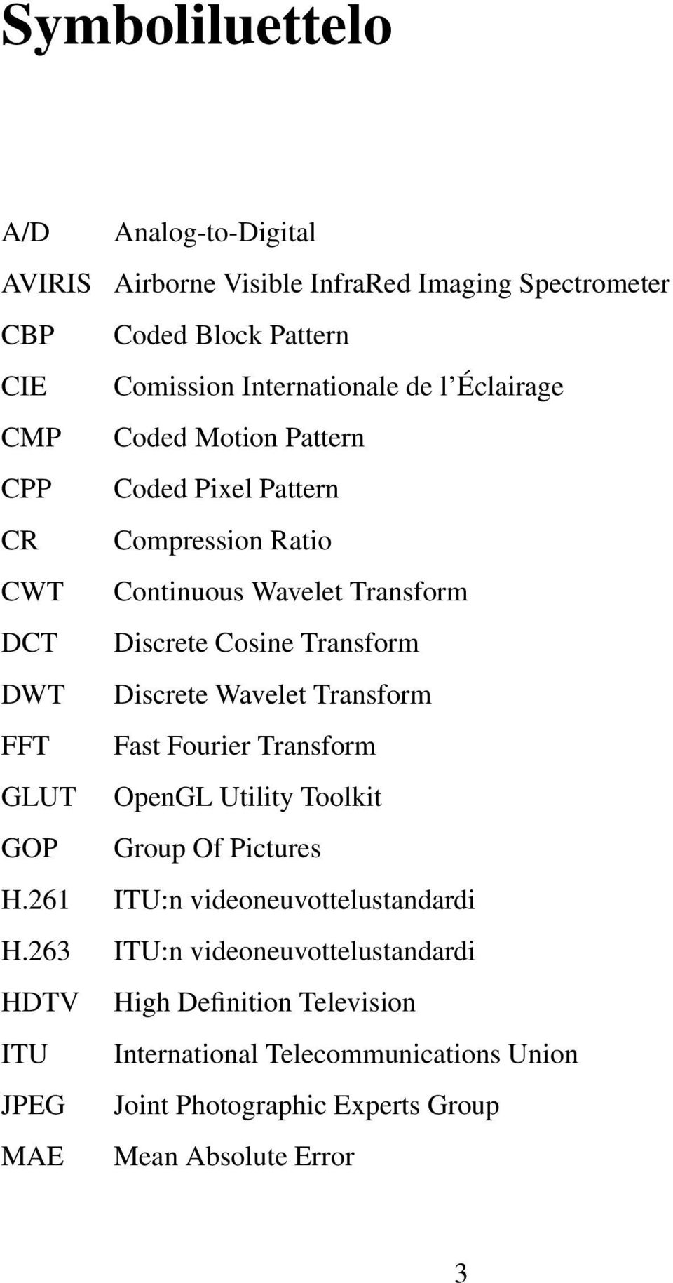 Discrete Wavelet Transform FFT Fast Fourier Transform GLUT OpenGL Utility Toolkit GOP Group Of Pictures H.261 ITU:n videoneuvottelustandardi H.