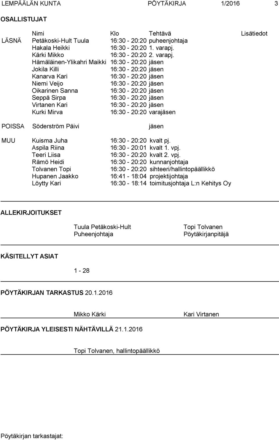 Hämäläinen-Ylikahri Maikki 16:30-20:20 jäsen Jokila Killi 16:30-20:20 jäsen Kanarva Kari 16:30-20:20 jäsen Niemi Veijo 16:30-20:20 jäsen Oikarinen Sanna 16:30-20:20 jäsen Seppä Sirpa 16:30-20:20