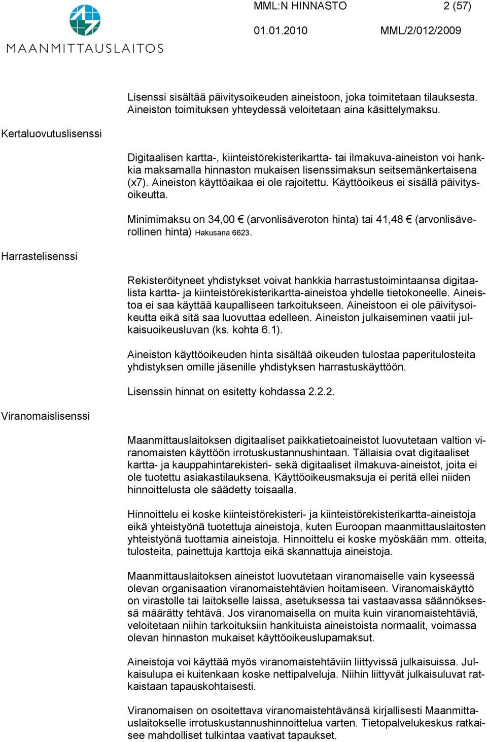 Aineiston käyttöaikaa ei ole rajoitettu. Käyttöoikeus ei sisällä päivitysoikeutta. Minimimaksu on 34,00 (arvonlisäveroton hinta) tai 41,48 (arvonlisäverollinen hinta) 6623.