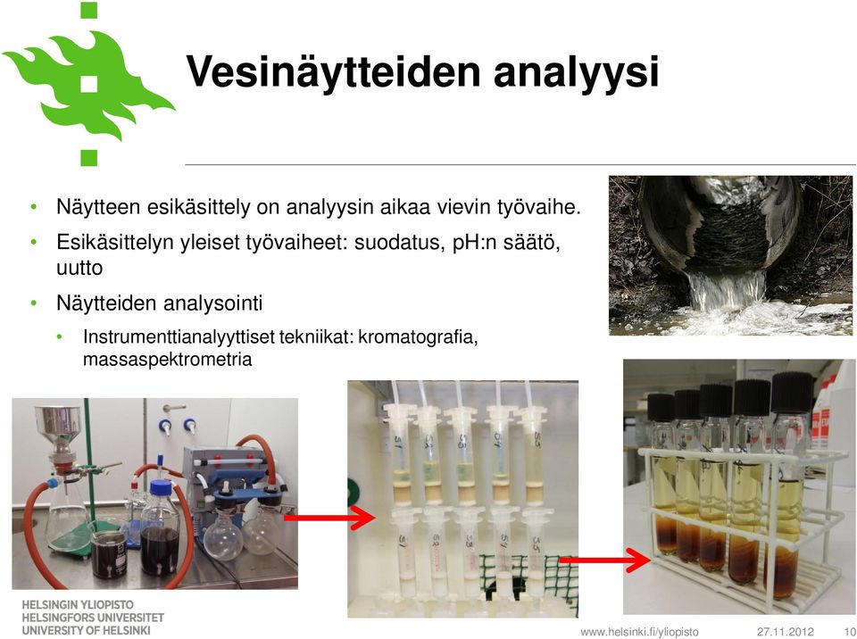 Esikäsittelyn yleiset työvaiheet: suodatus, ph:n säätö, uutto