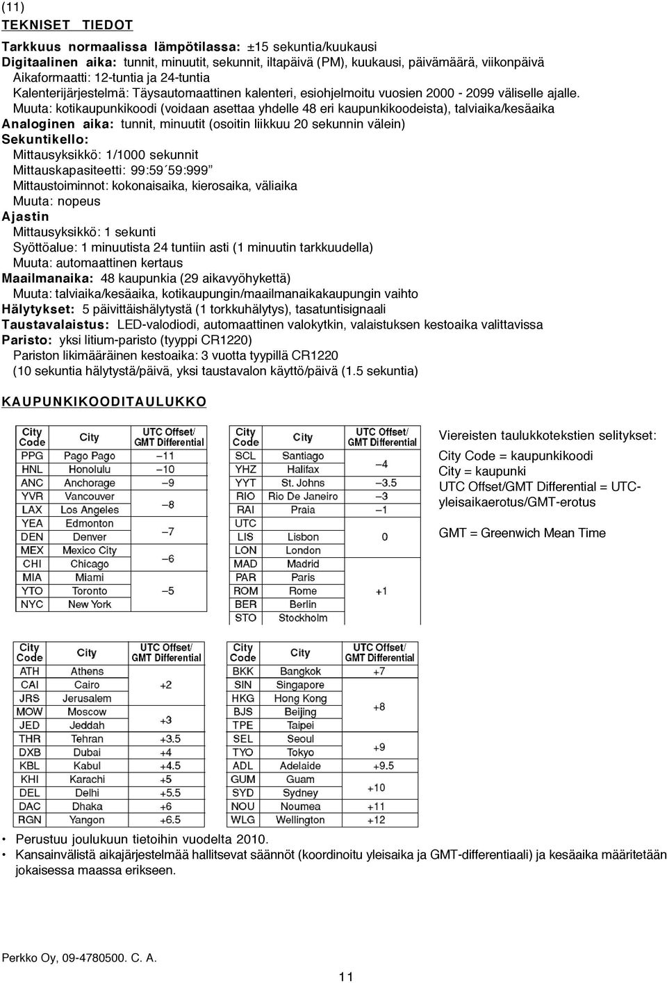 Muuta: kotikaupunkikoodi (voidaan asettaa yhdelle 48 eri kaupunkikoodeista), talviaika/kesäaika Analoginen aika: tunnit, minuutit (osoitin liikkuu 20 sekunnin välein) Sekuntikello: Mittausyksikkö: