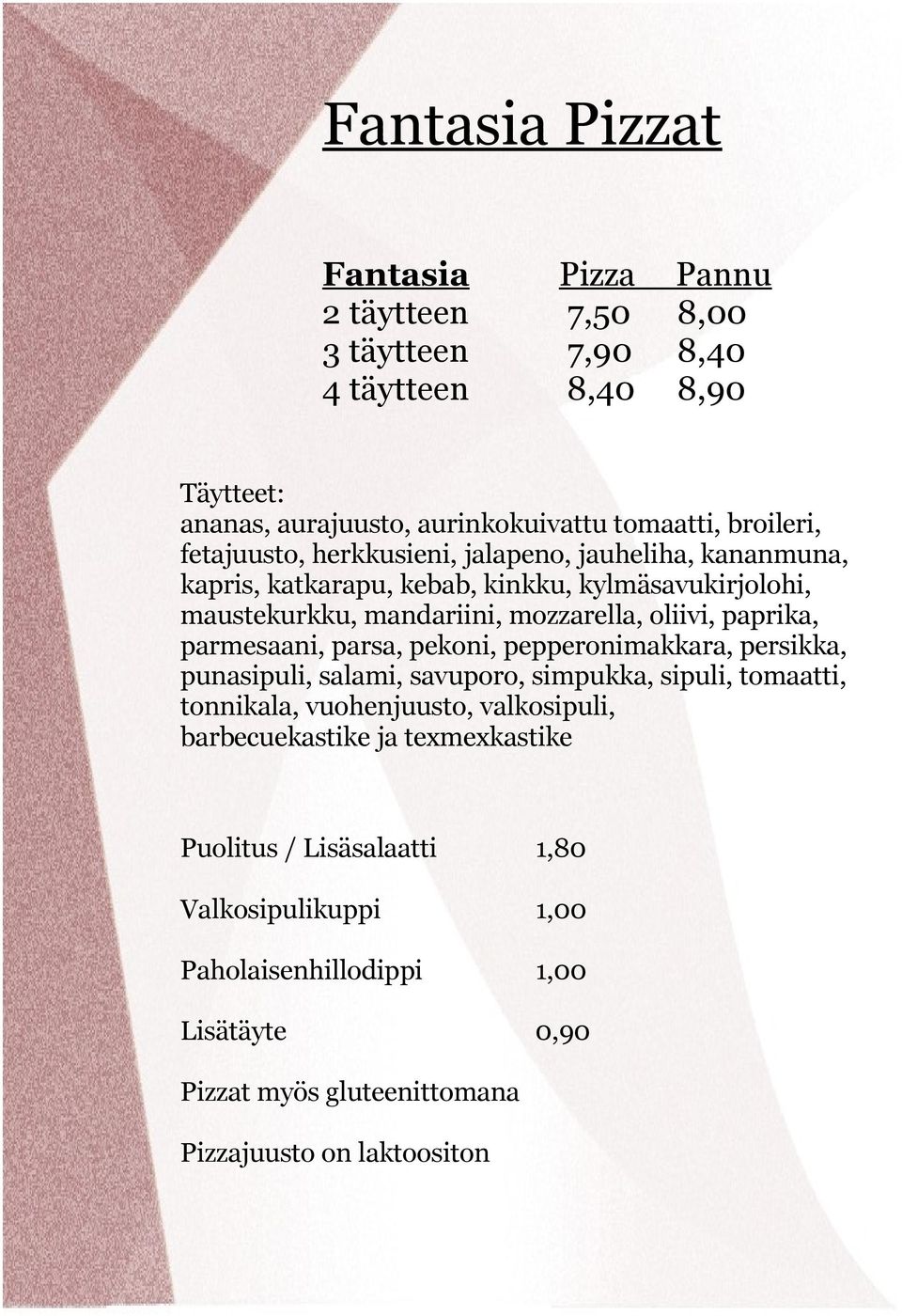 parmesaani, parsa, pekoni, pepperonimakkara, persikka, punasipuli, salami, savuporo, simpukka, sipuli, tomaatti, tonnikala, vuohenjuusto, valkosipuli,