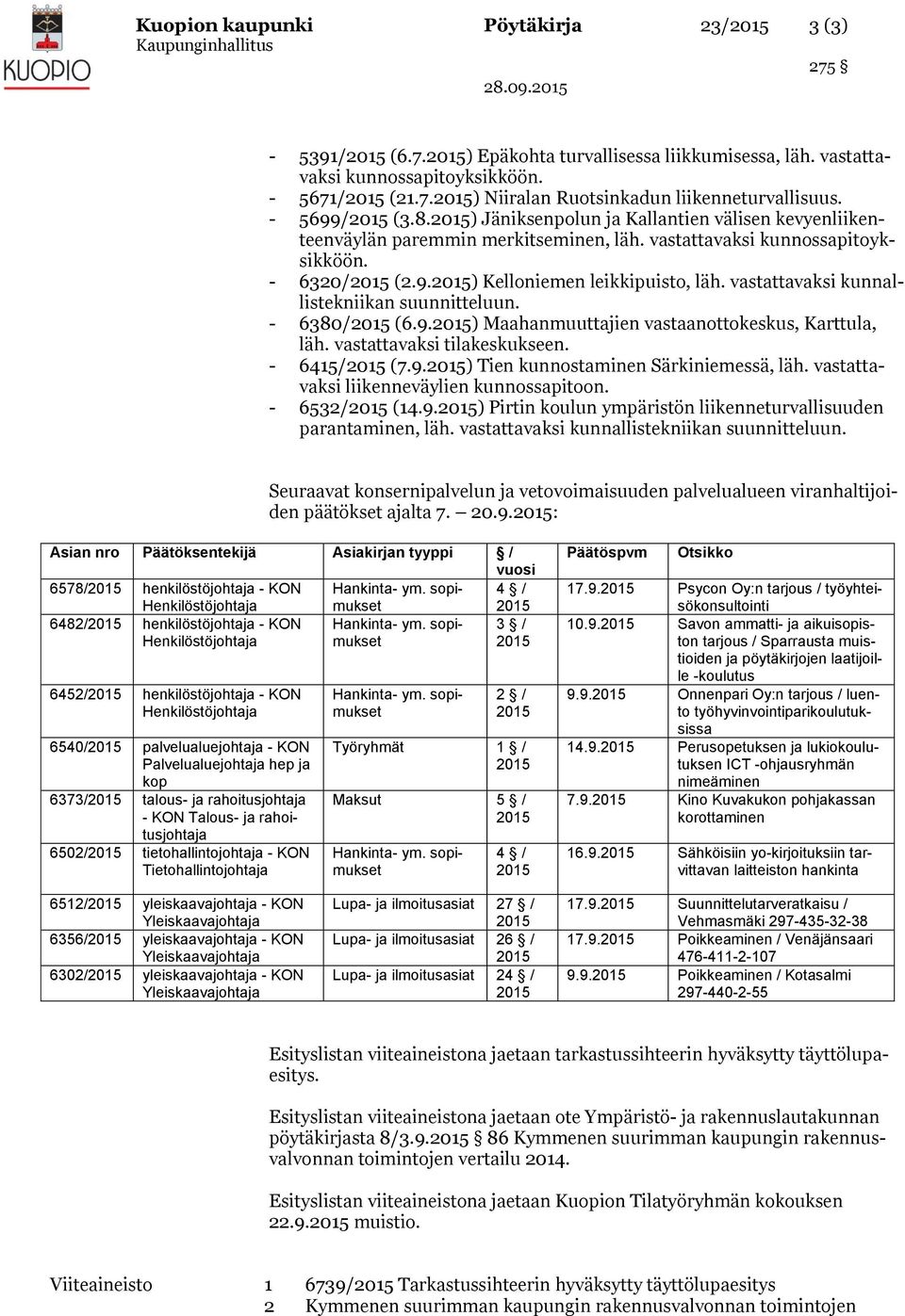 vastattavaksi kunnallistekniikan suunnitteluun. - 6380/ (6.9.) Maahanmuuttajien vastaanottokeskus, Karttula, läh. vastattavaksi tilakeskukseen. - 6415/ (7.9.) Tien kunnostaminen Särkiniemessä, läh.