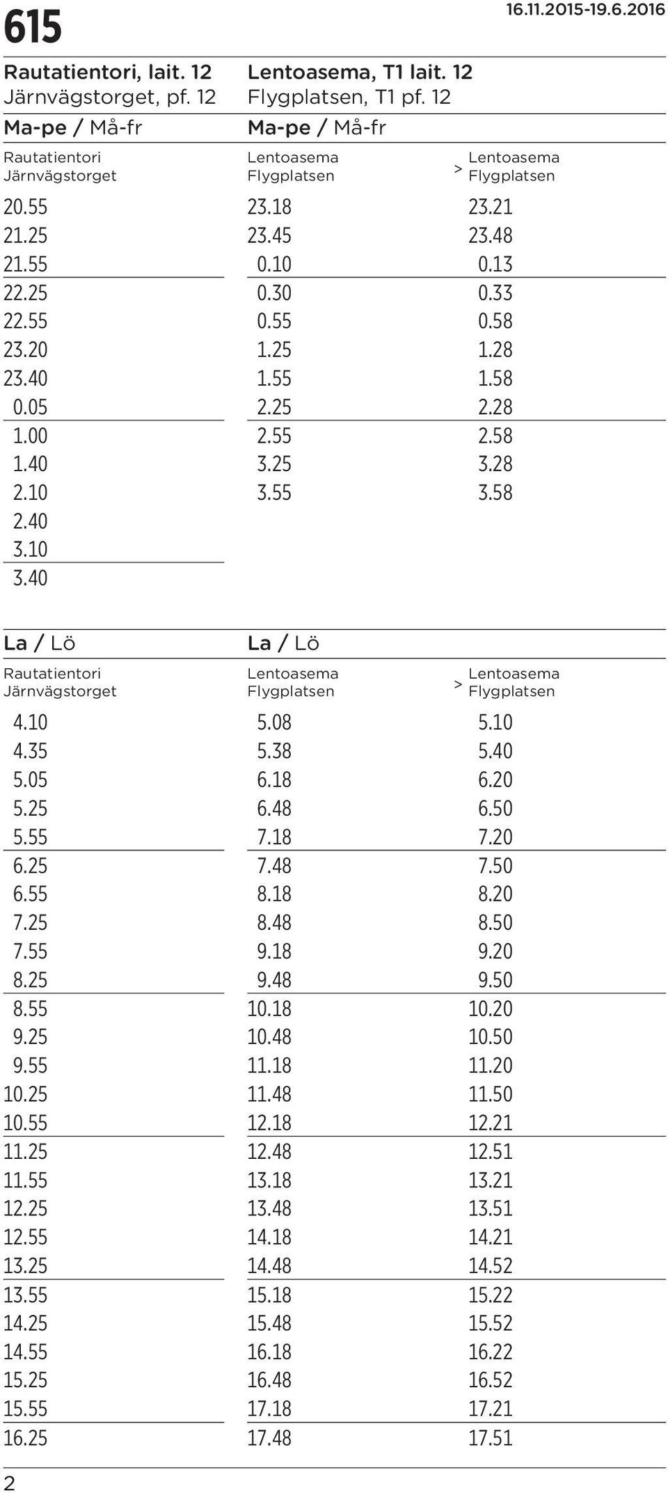 55 3.58 2.40 3.10 3.40 Rautatientori Järnvägstorget Lentoasema Flygplatsen Lentoasema Flygplatsen 4.10 5.08 5.10 4.35 5.38 5.40 5.05 6.18 6.20 5.25 6.48 6.50 5.55 7.18 7.20 6.25 7.48 7.50 6.55 8.18 8.